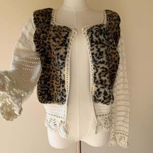 Y2K Crochet and Leopard Faux Fur Cropped Cardigan with Ribbon Trim